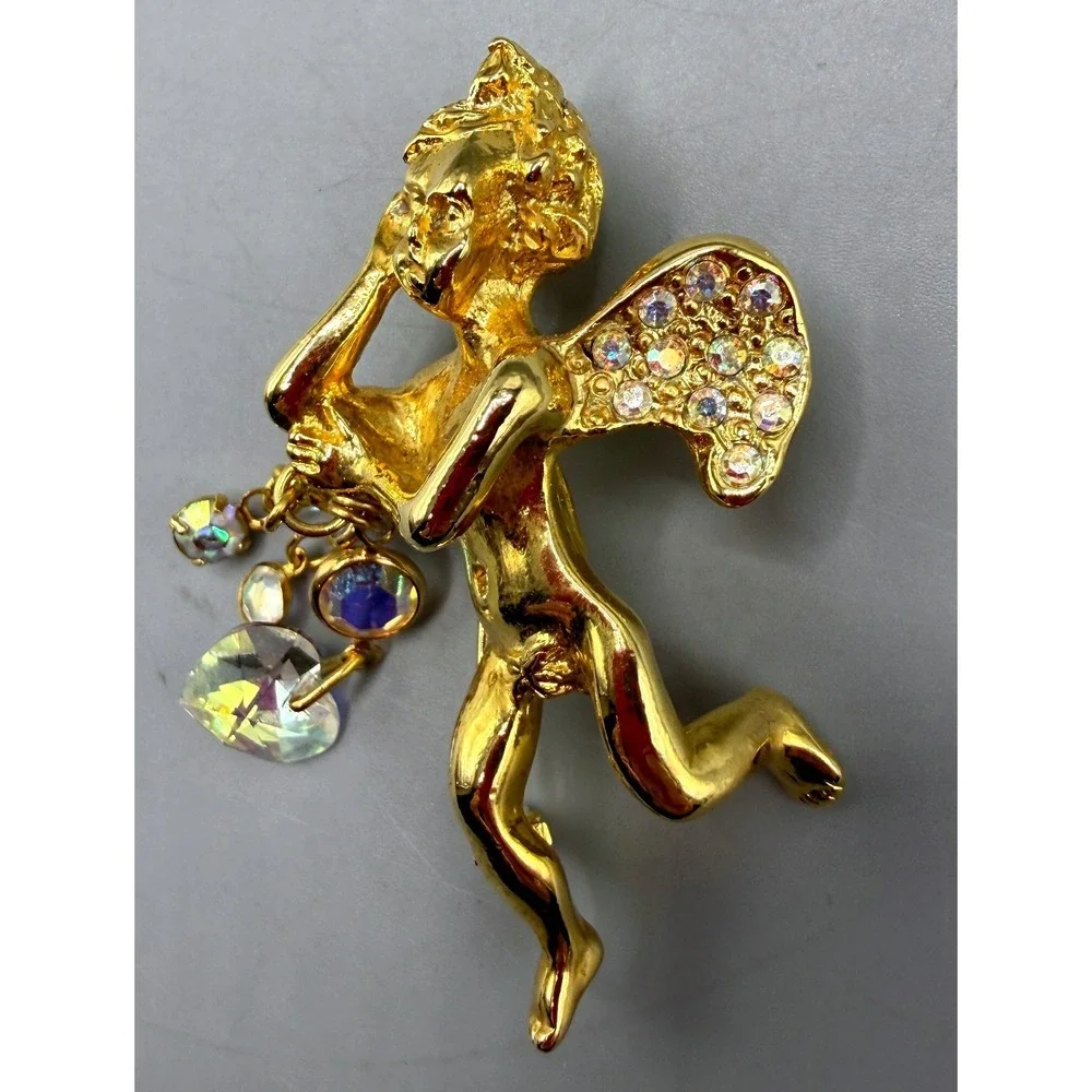 Kirks Folly Gold Tone Cherub Angel Brooch AB Rhinestone Heart Dangle Pin Vintage